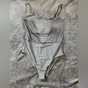 NWT Aerie Women’s Embroidered One-Piece Swimsuit, Gray, Size XL